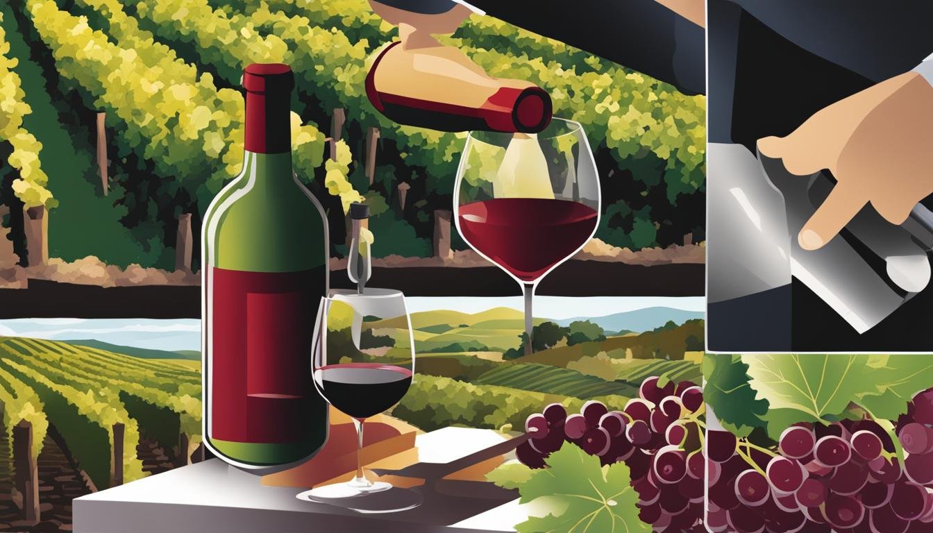 1. A wine bottle with a label that has all nine wine terms listed on it. 2. A close-up of a wine glass being poured with a background of vineyards to represent "terroir". 3. An illustration of a sommelier holding a corkscrew, representing "uncorking". 4. A visual representation of "tannins" with an image of grape skins or tea leaves. 5. A group of friends at a party, holding glasses and discussing the "body" of the wine. 6. A depiction of "aroma" with a nose sniffing a glass of wine. 7. A visual representation of "vintage" with an old wine cellar or dusty wine bottles. 8. A vineyard scene representing "appellation". 9. An image of the winemaking process, showcasing "fermentation".