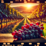 Cinematic image of Agiorgitiko grapes on a table in front of a vineyard a table