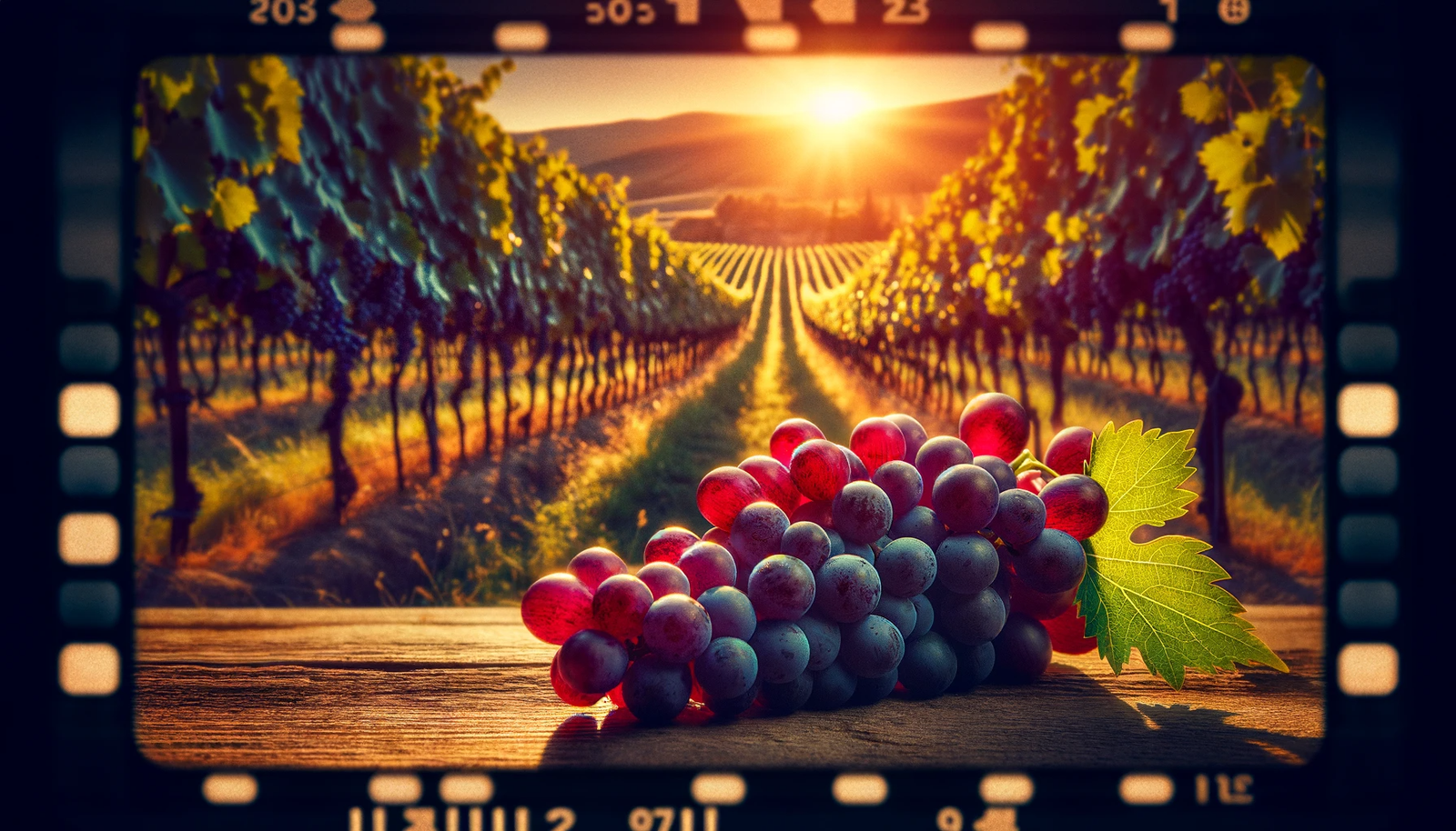 Cinematic image of Agiorgitiko grapes on a table in front of a vineyard a table