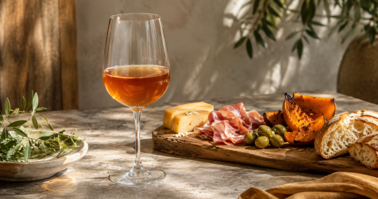 A glass of orange wine sits beside a wooden board with cheese, prosciutto, olives, grilled courgette, and bread—an inviting spread of pairings for orange wine. A bowl of salad leaves is also visible. Sunlight streams in, casting shadows on the rustic tabletop.
