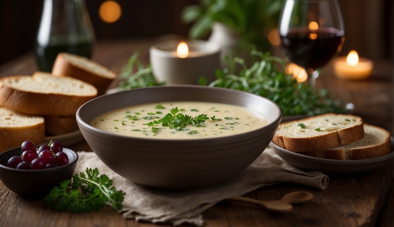 A bowl of creamy potato soup sits next to a glass of red wine on a rustic wooden table. A loaf of crusty bread and a sprig of fresh herbs complete the scene