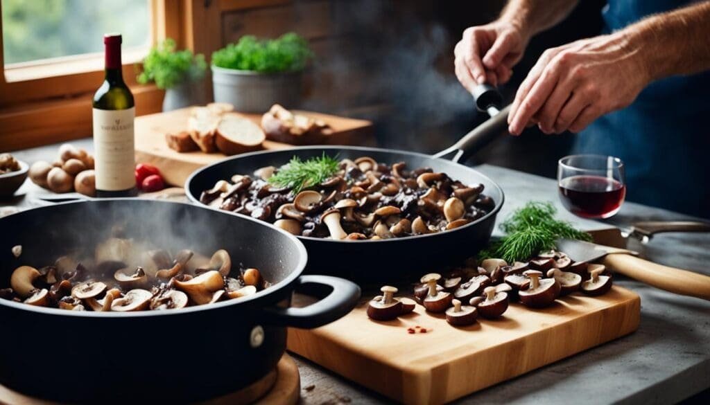 Cooking with red wine for Mushroom Bourguignon