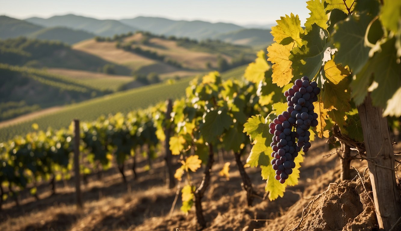 Lush vineyards sprawl across rolling hills, bathed in warm sunlight. Grapes glisten in the gentle breeze, rooted in rich, rocky soil. A sense of history and tradition permeates the air, as the unique terroir shapes