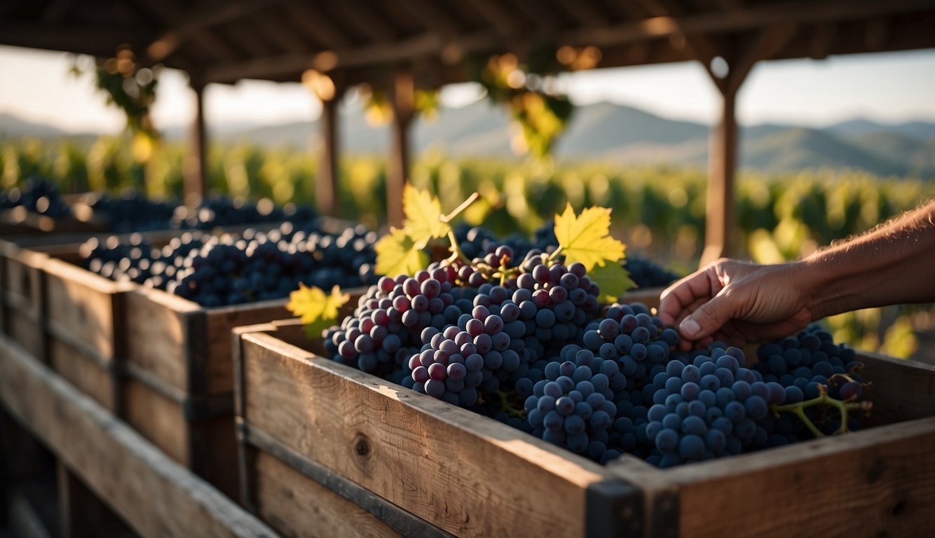 Grapes being harvested and sorted by hand. Oak barrels aging wine in a dimly lit cellar. Vineyards on rolling hills