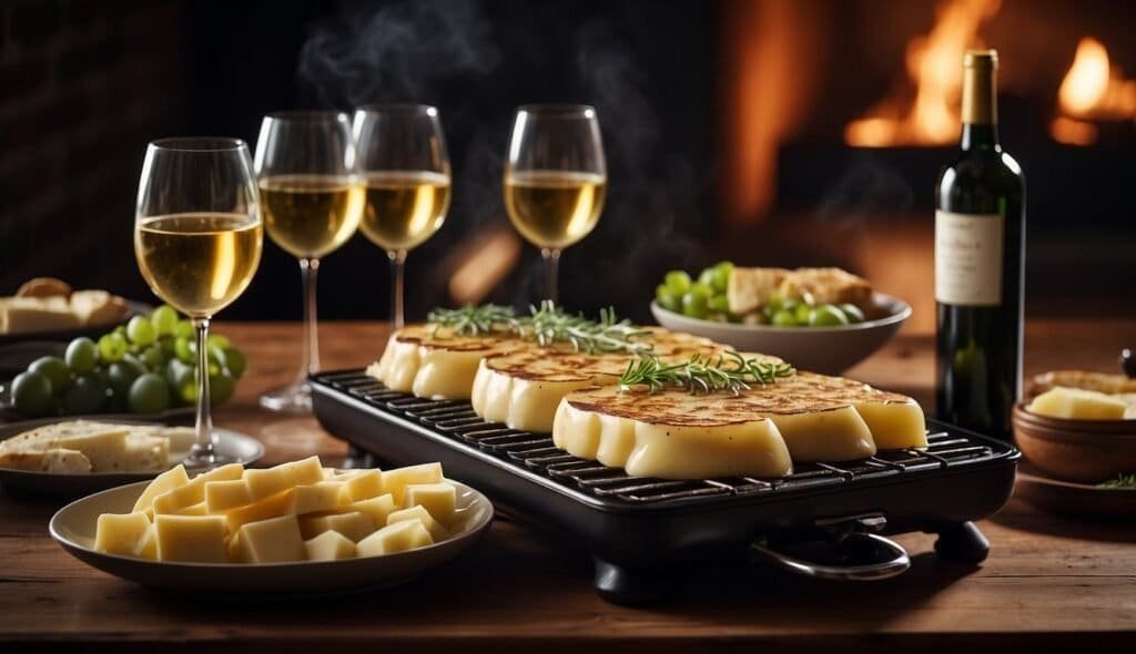 A dining table hosts a Raclette grill melting thick slices of cheese with rosemary. Surrounding it are glasses of white wine, perfect for pairing, cubes of cheese, green grapes, and a bottle of wine, all set against the cozy backdrop of a fireplace.