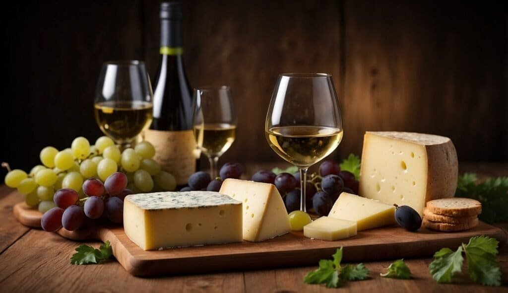 A wooden table displays a delightful assortment of cheeses, including raclette, green and red grapes, and wine glasses filled with white wine. A bottle stands in the background while crackers lie beside the cheese on a rustic board, all set for the perfect pairing recommendations.