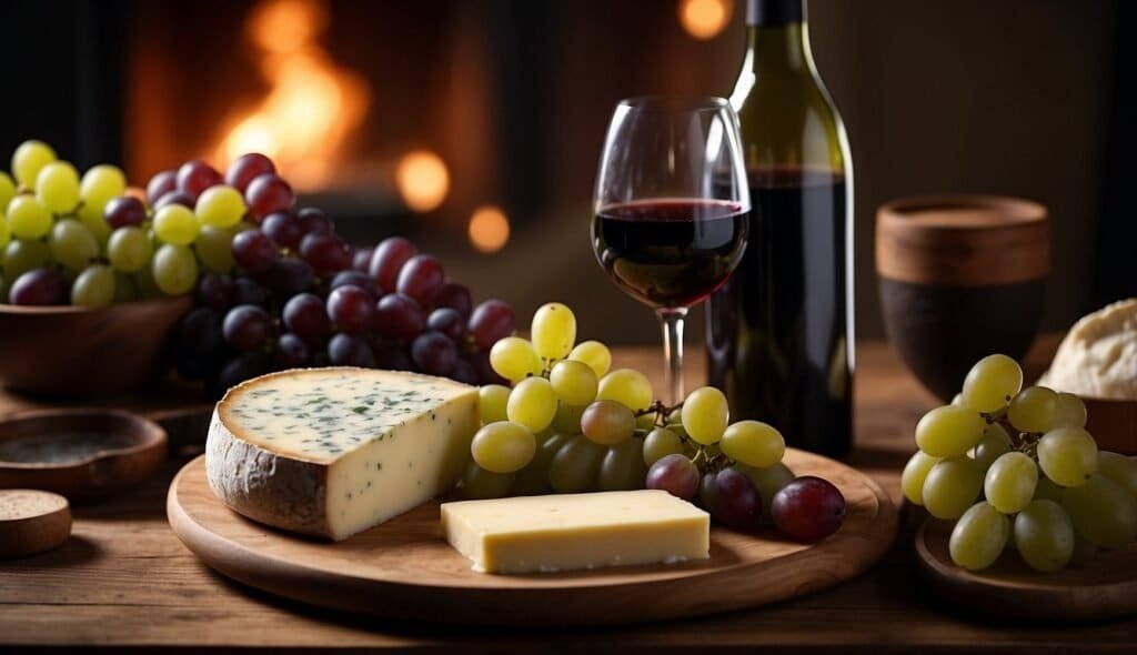 A wooden platter with blue cheese and a block of raclette, surrounded by green and red grapes. A glass and bottle of red wine complete the perfect pairing. A fireplace is softly lit in the background, creating a warm ambiance.