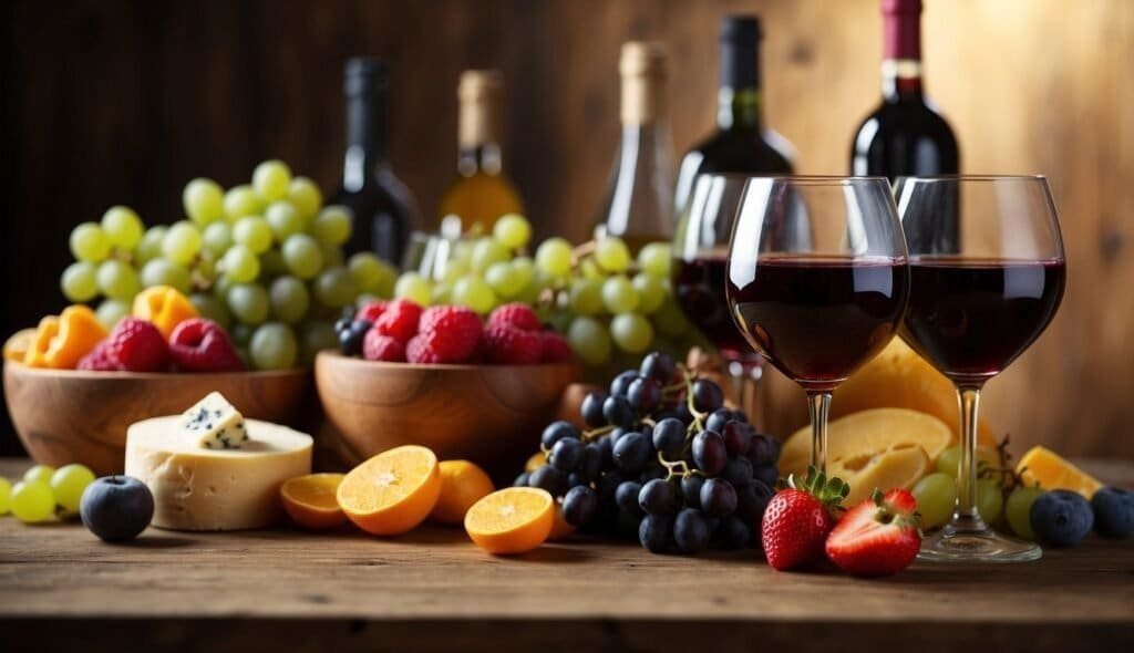 Two glasses of red wine sit on a table adorned with green and red grapes, various cheeses, strawberries, raspberries, orange slices, and wine bottles in the background. The rustic wooden setting invites a sense of wine appreciation perfect for both beginners and connoisseurs.