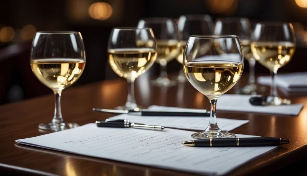 A set of wine glasses filled with white wine is arranged on a wooden table alongside sheets of paper and pens, inviting basic lessons in wine tasting or appreciation. The softly lit background creates a warm ambiance, perfect for savoring each note.