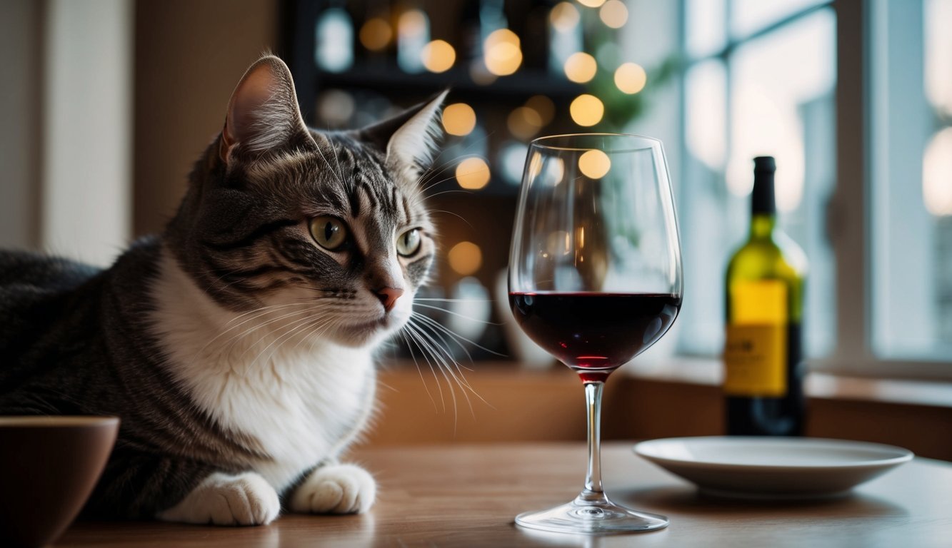 A tabby cat sits on a wooden table next to a glass of red wine. In the background, there's a bottle of wine and bokeh lights near a window, crafting the best excuse to open a bottle of wine and enjoy this cozy atmosphere.