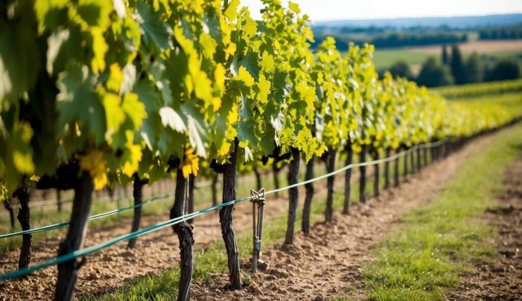 A neatly arranged vineyard on a sunny day. Rows of grapevines with bright green leaves stretch into the distance, supported by a wire trellis system. The ground appears dry and well-maintained, reminiscent of the care that goes into producing fifth growth wine. Tree-lined fields and a clear blue sky are visible in the background.