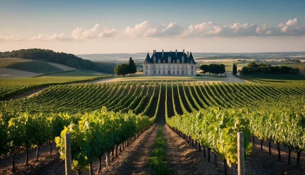 A large mansion is situated at the end of a vast vineyard under a partly cloudy sky. Rows of grapevines, known for producing fifth growth wine, stretch from the foreground to the building. Hills and additional fields can be seen in the background.