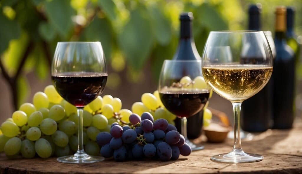 Three wine glasses, two with red wine and one with white, sit on a wooden table. Bunches of green and purple grapes are scattered nearby. In the background, two wine bottles and green foliage are visible, hinting at the sweet complexity residual sugar brings to each pour.