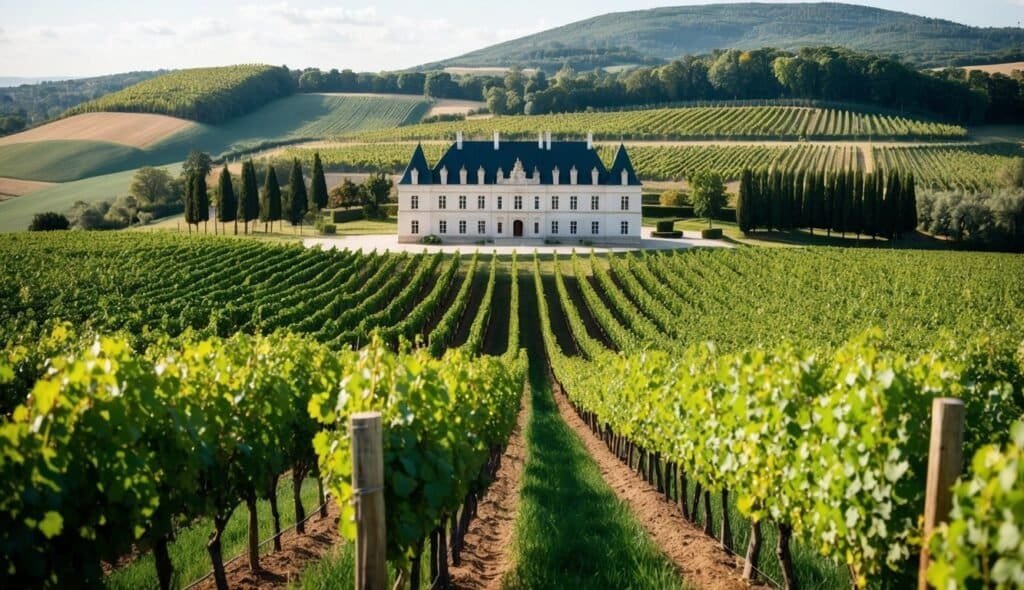 A large, white chateau sits in the center of a vast vineyard with rows of grapevines stretching toward it. Renowned for its fifth growth wine, the estate is surrounded by trees and hills under a mostly clear sky with a few scattered clouds.