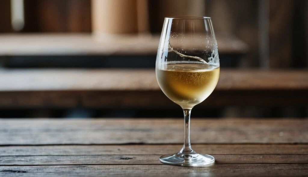 A half-full glass of off-dry wine sits on a wooden table, with a blurred wooden background subtly highlighting its sweet levels.