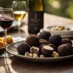 A wooden table set with plates of black truffles, cubes of cheese, and glasses of red and white wine hints at what wine to serve with truffle, all beautifully arranged outdoors in natural light with bottles in the background.