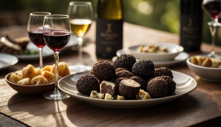 A wooden table set with plates of black truffles, cubes of cheese, and glasses of red and white wine hints at what wine to serve with truffle, all beautifully arranged outdoors in natural light with bottles in the background.