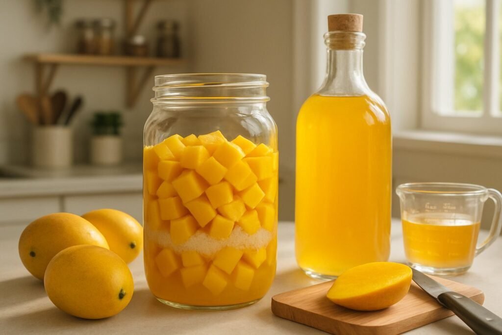 Mango Wine: The Ultimate Guide to Tropical Winemaking Bliss 4 A jar filled with diced mango and sugar, a glass bottle of yellow liquid—possibly homemade Mango Wine—whole mangoes, a sliced mango on a cutting board with a knife, and a measuring cup sit on the kitchen counter in natural light.