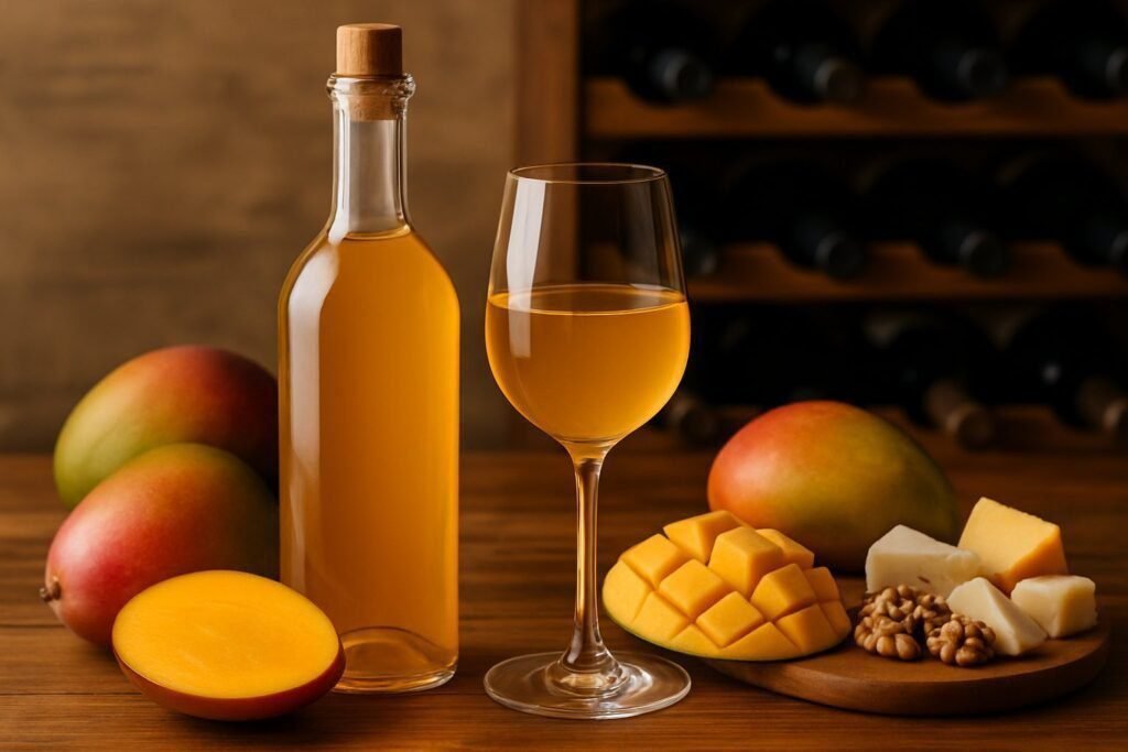 Mango Wine: The Ultimate Guide to Tropical Winemaking Bliss 5 A glass and bottle of Mango Wine sit on a wooden table with whole and sliced mangoes, cheese cubes, and walnuts. Showcasing the essence of tropical winemaking, a wine rack filled with bottles is visible in the background.