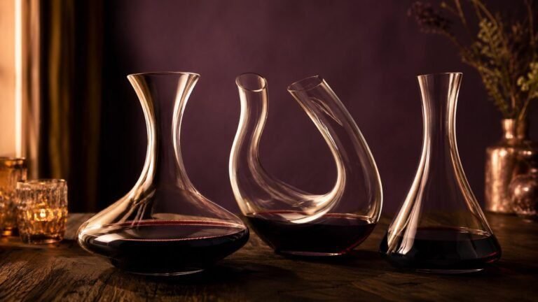 Best Wine Decanters in Australia 2026: Tested and Poured 6 Three glass wine decanters on a dark timber table: a wide-based crystal decanter with red wine, a curved sculptural decanter and a simple tall decanter
