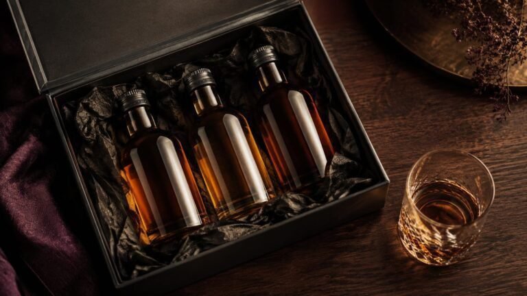 An opened premium gift box on a dark walnut table containing three small amber spirit bottles in dark tissue paper, with a glass of whisky beside it in warm moody lighting.