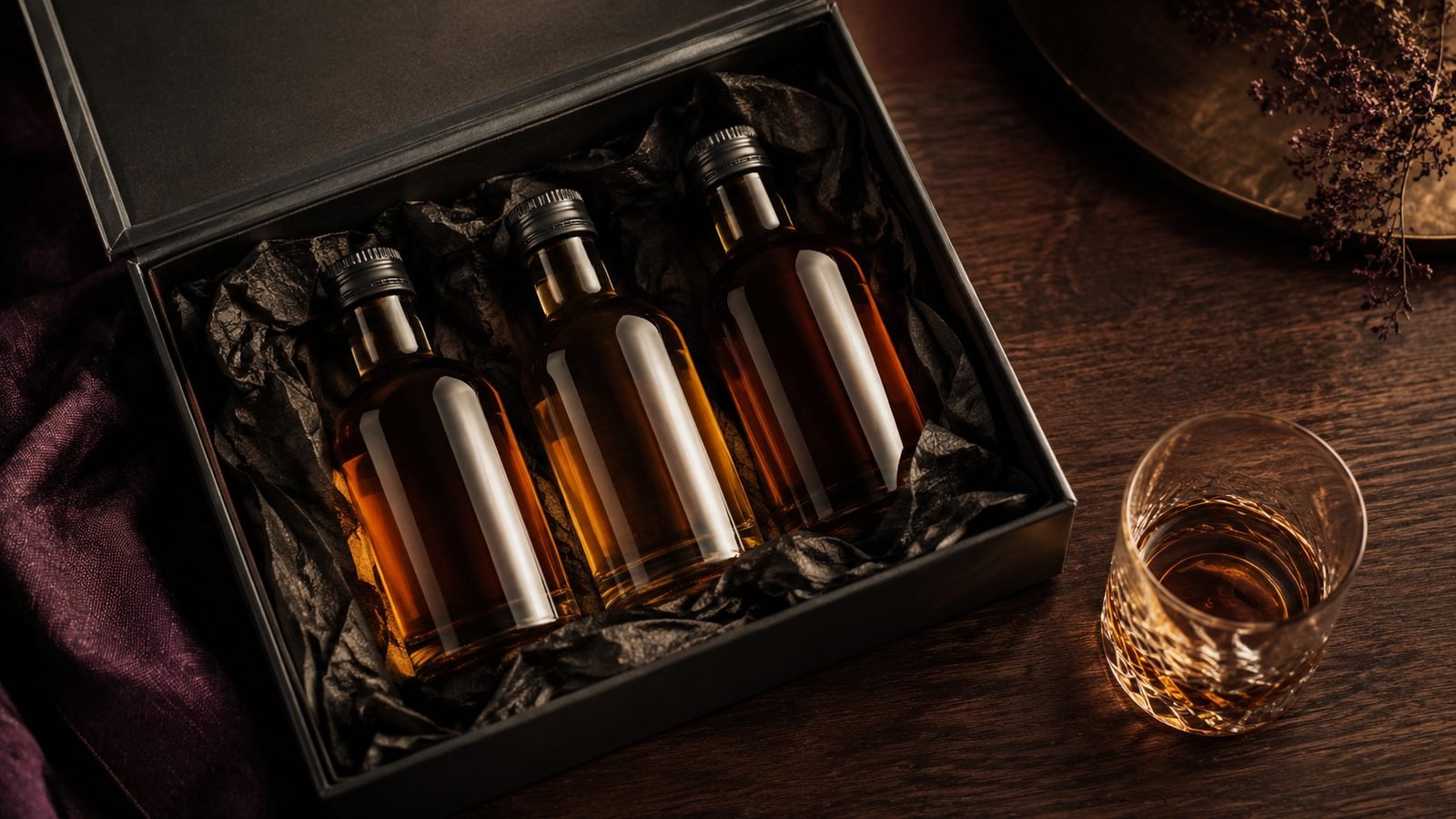 An opened premium gift box on a dark walnut table containing three small amber spirit bottles in dark tissue paper, with a glass of whisky beside it in warm moody lighting.