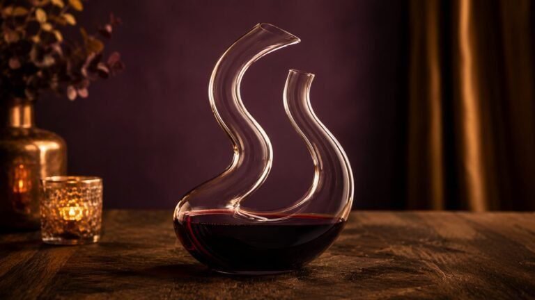 Riedel Mamba Decanter Review: The Hand-Blown Crystal Showpiece 4 Riedel Mamba snake-shaped crystal wine decanter with a double S-curve, partially filled with red wine, on a dark timber table