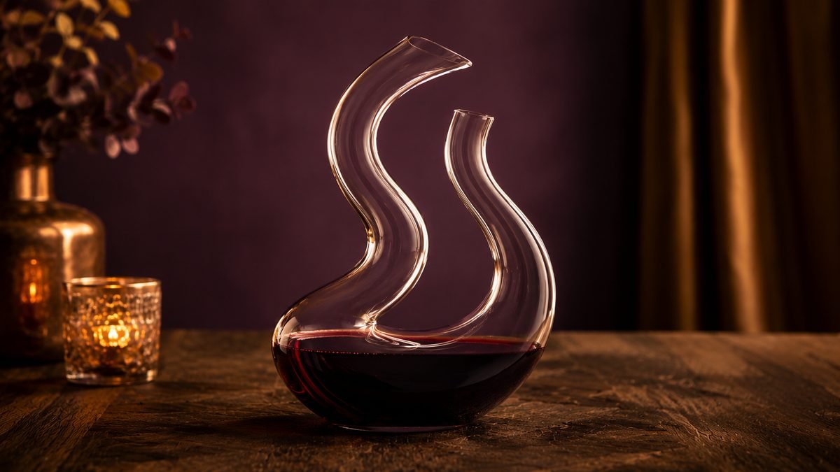 Riedel Mamba snake-shaped crystal wine decanter with a double S-curve, partially filled with red wine, on a dark timber table