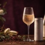 A chilled glass of white wine, an aluminium can, and a wine bottle with a blank label are arranged on a wooden table with foliage and small red berries, set against a dark purple background.