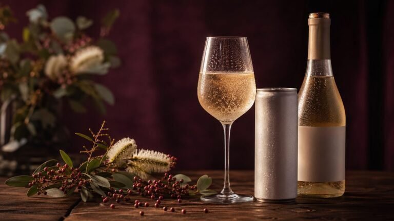 A chilled glass of white wine, an aluminium can, and a wine bottle with a blank label are arranged on a wooden table with foliage and small red berries, set against a dark purple background.