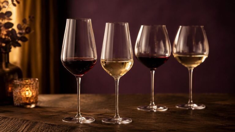 Best Wine Glasses in Australia 2026: Shapes That Actually Matter 5 Four elegant wine glasses on a dark timber table: two stemmed crystal glasses with red and white wine and a matching set of universal glasses behind them