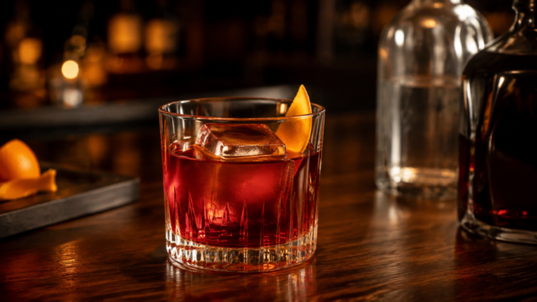 A short glass filled with a dark amber cocktail, two large ice cubes, and an orange twist, sits on a wooden bar. Blurred glass bottles and orange peel are visible in the background.