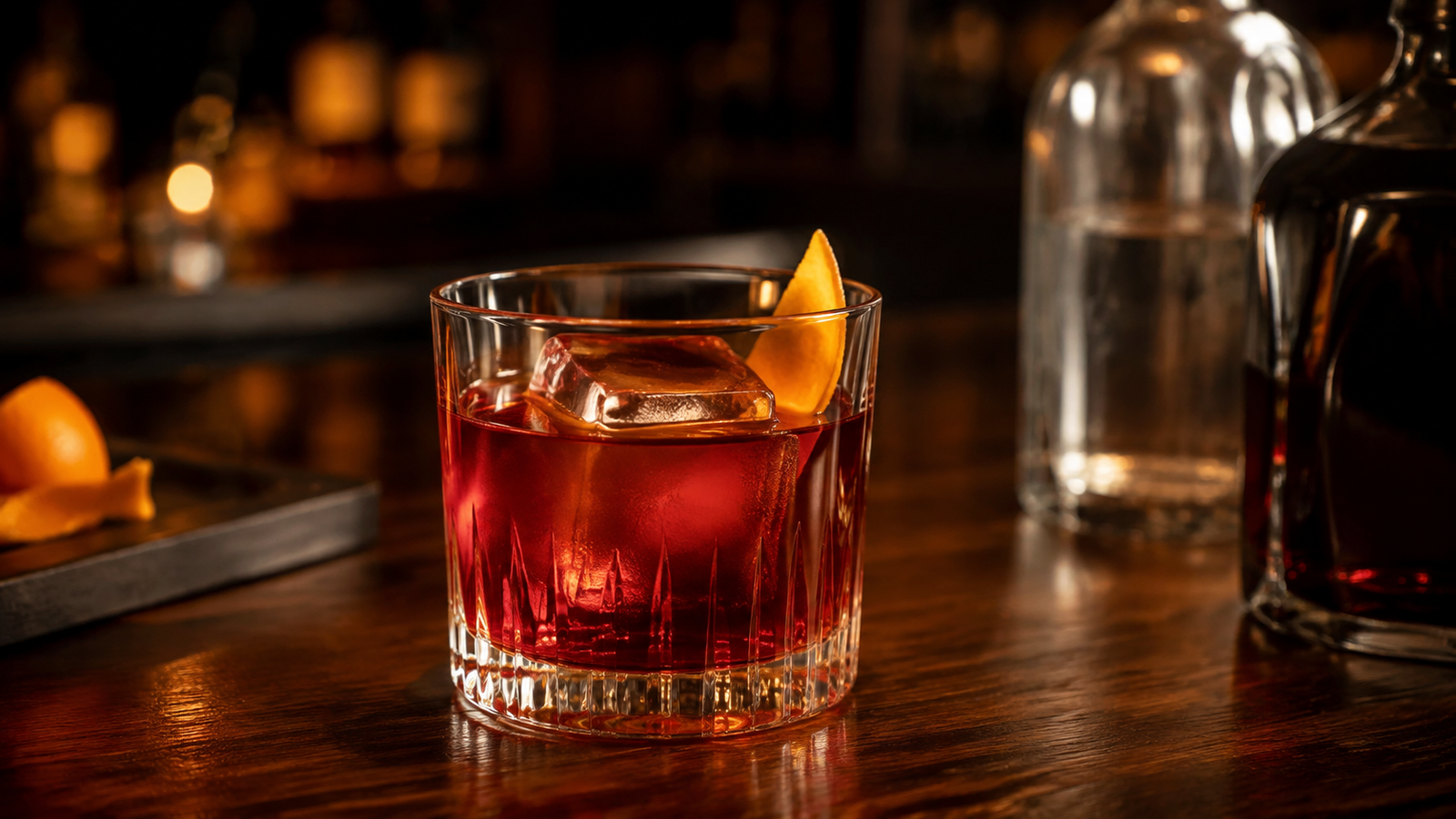 A short glass filled with a dark amber cocktail, two large ice cubes, and an orange twist, sits on a wooden bar. Blurred glass bottles and orange peel are visible in the background.