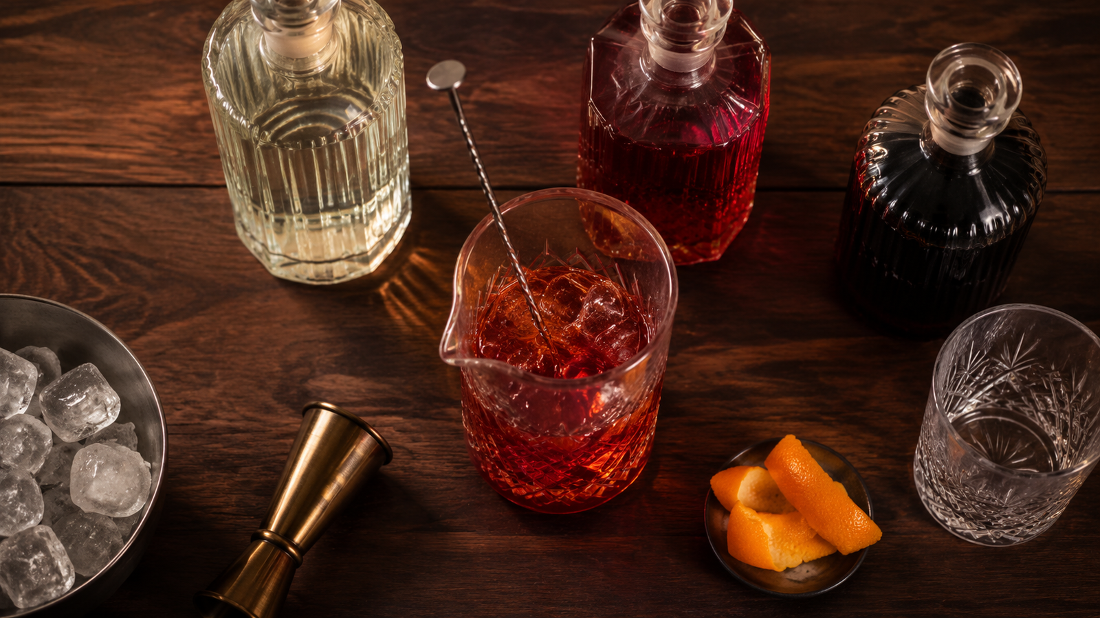 Negroni ingredients, mixing glass, jigger, ice and orange peel arranged on a dark bar