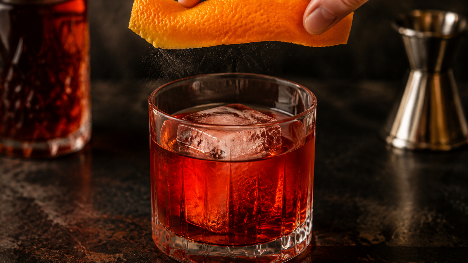 Orange peel being expressed above a ruby-red Negroni with a large ice cube