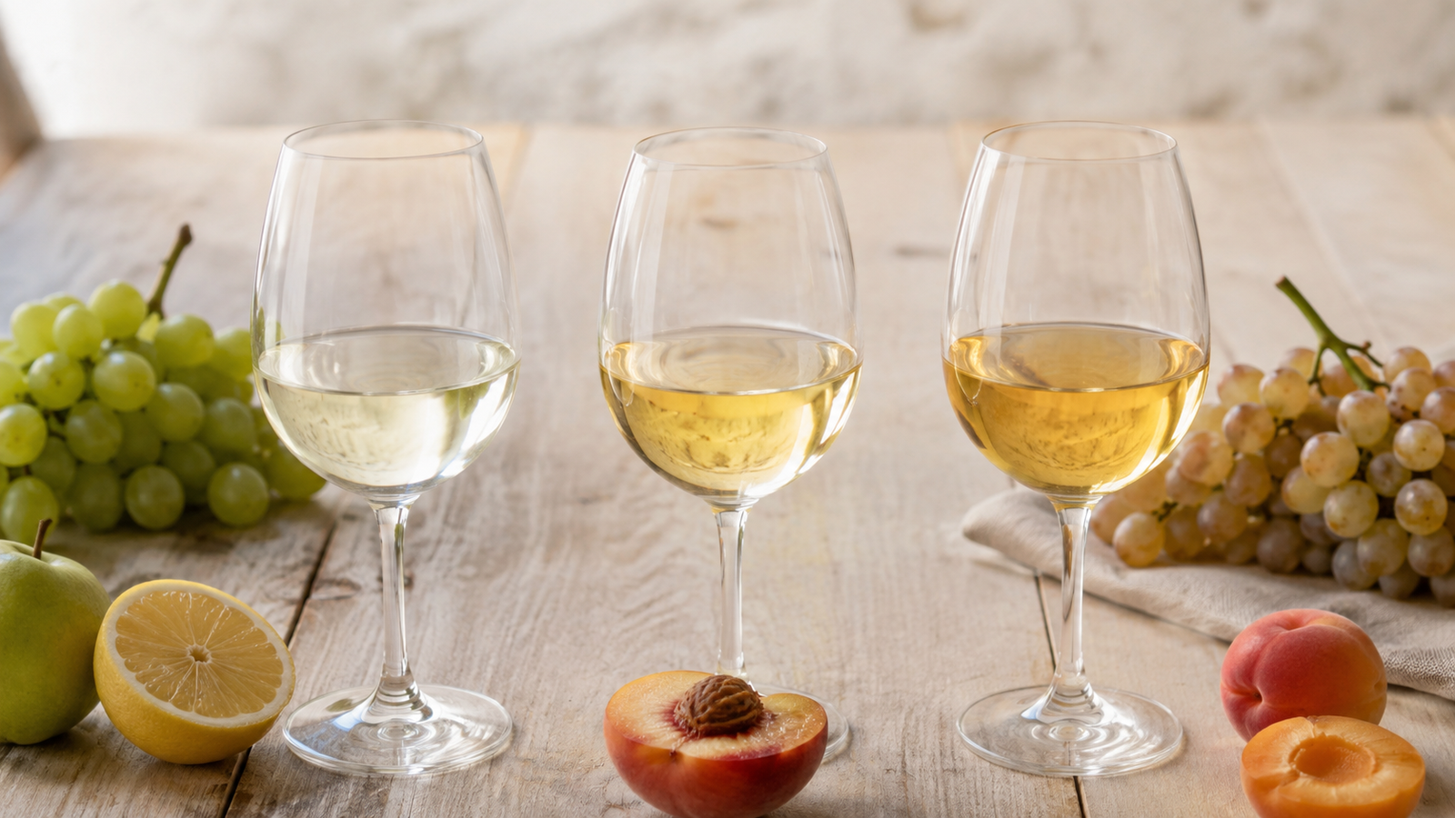 What Does Off-Dry Wine Mean? A Simple Guide to Sweetness 2 Three pale wine pours showing a progression from dry to off-dry and sweeter styles