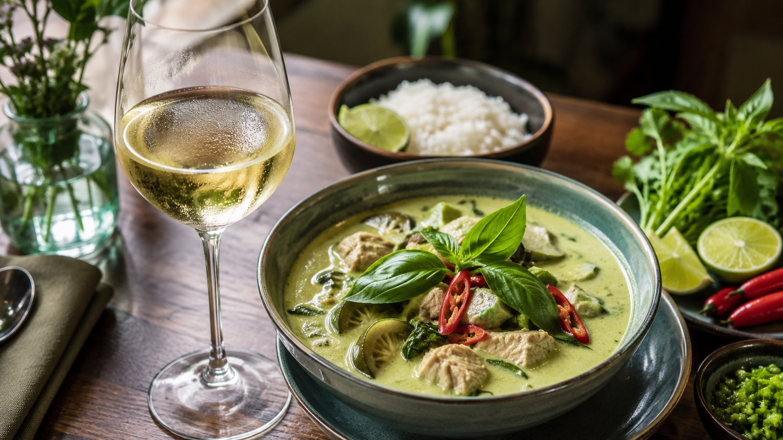 What Does Off-Dry Wine Mean? A Simple Guide to Sweetness 3 Off-dry white wine served with fragrant Thai green curry, lime and herbs