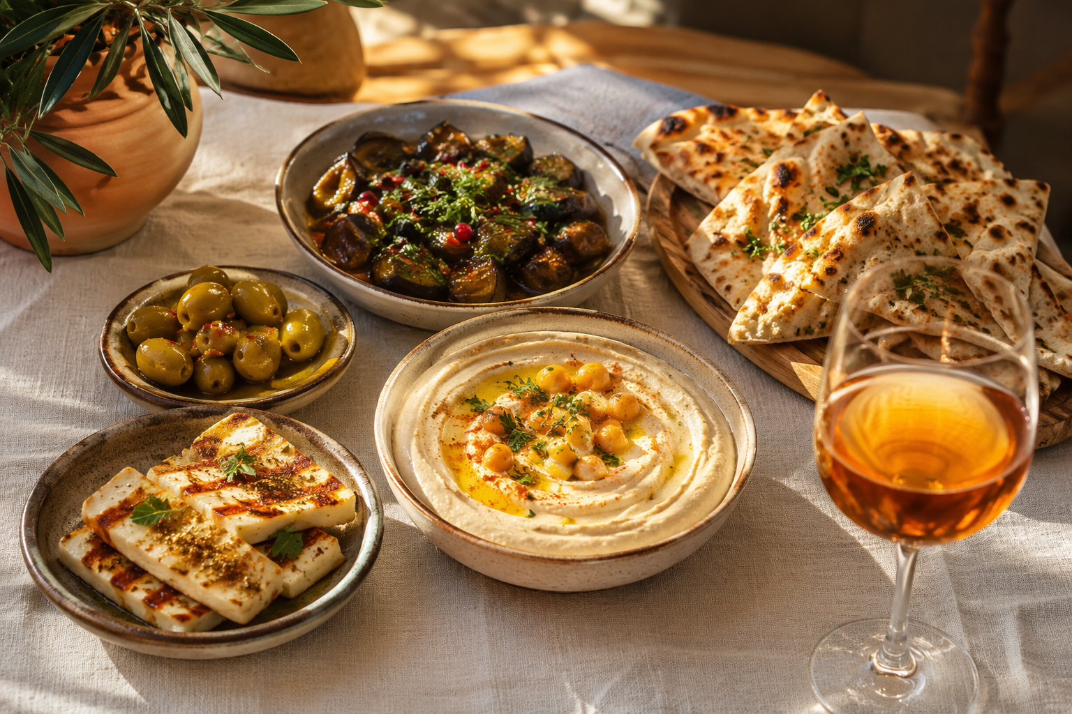 What Food Goes with Orange Wine? 15 Brilliant Pairings 2 Orange wine served with houmous, grilled halloumi, olives and flatbread