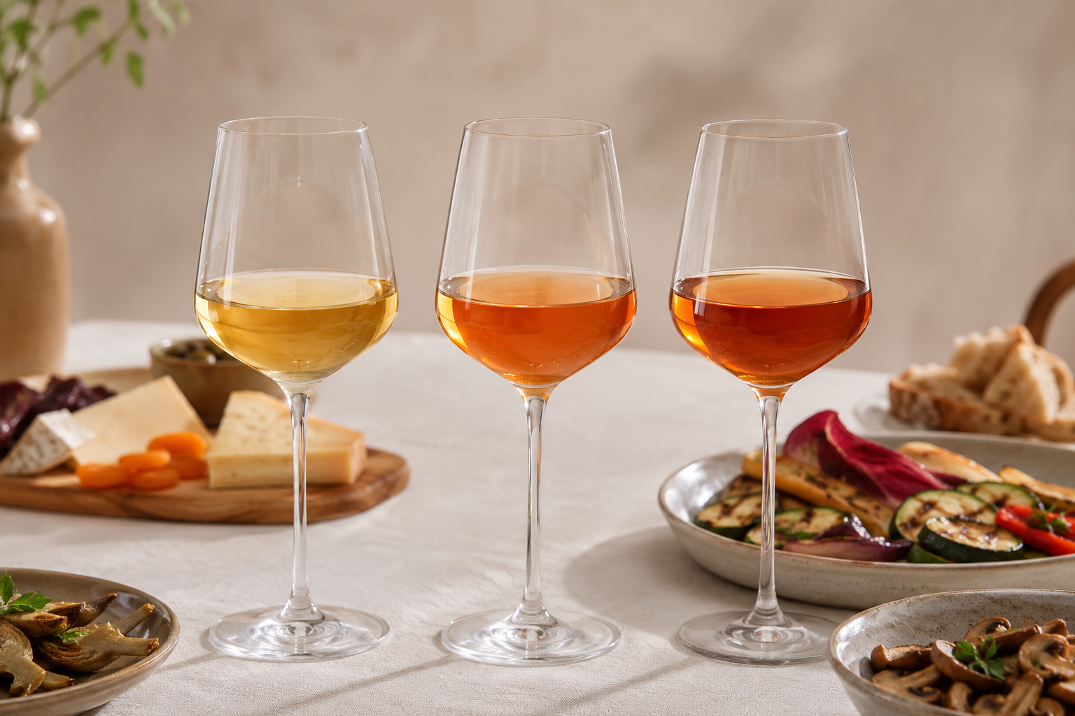 What Food Goes with Orange Wine? 15 Brilliant Pairings 3 Three styles of orange wine from pale gold to deep amber beside food pairings