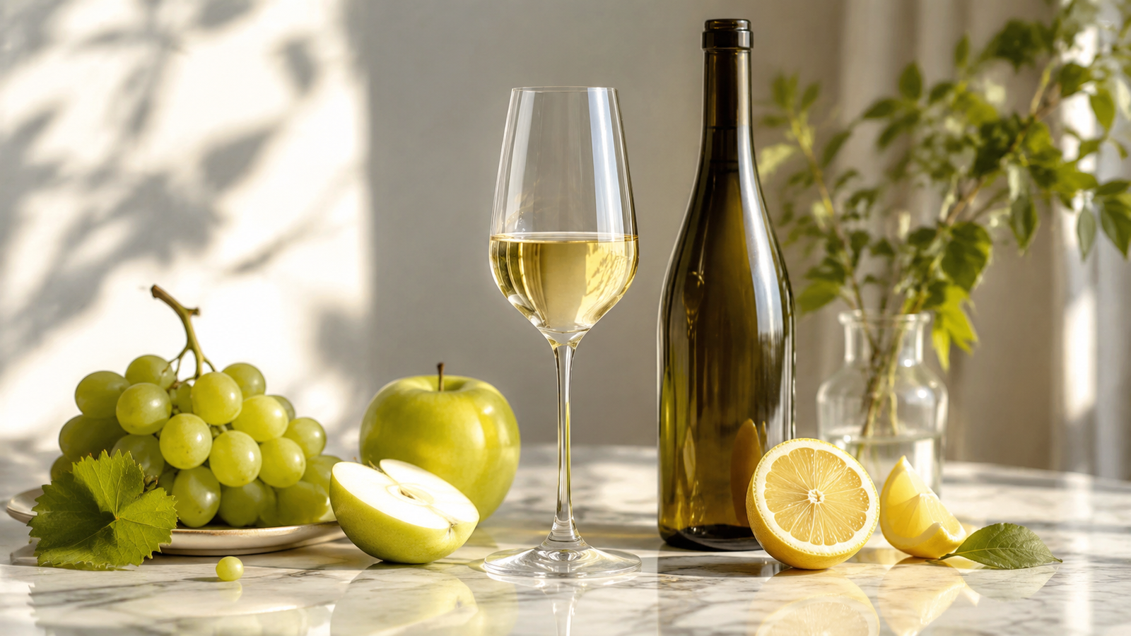 Crisp white wine with green apple, lemon and grapes illustrating freshness and fruit flavours