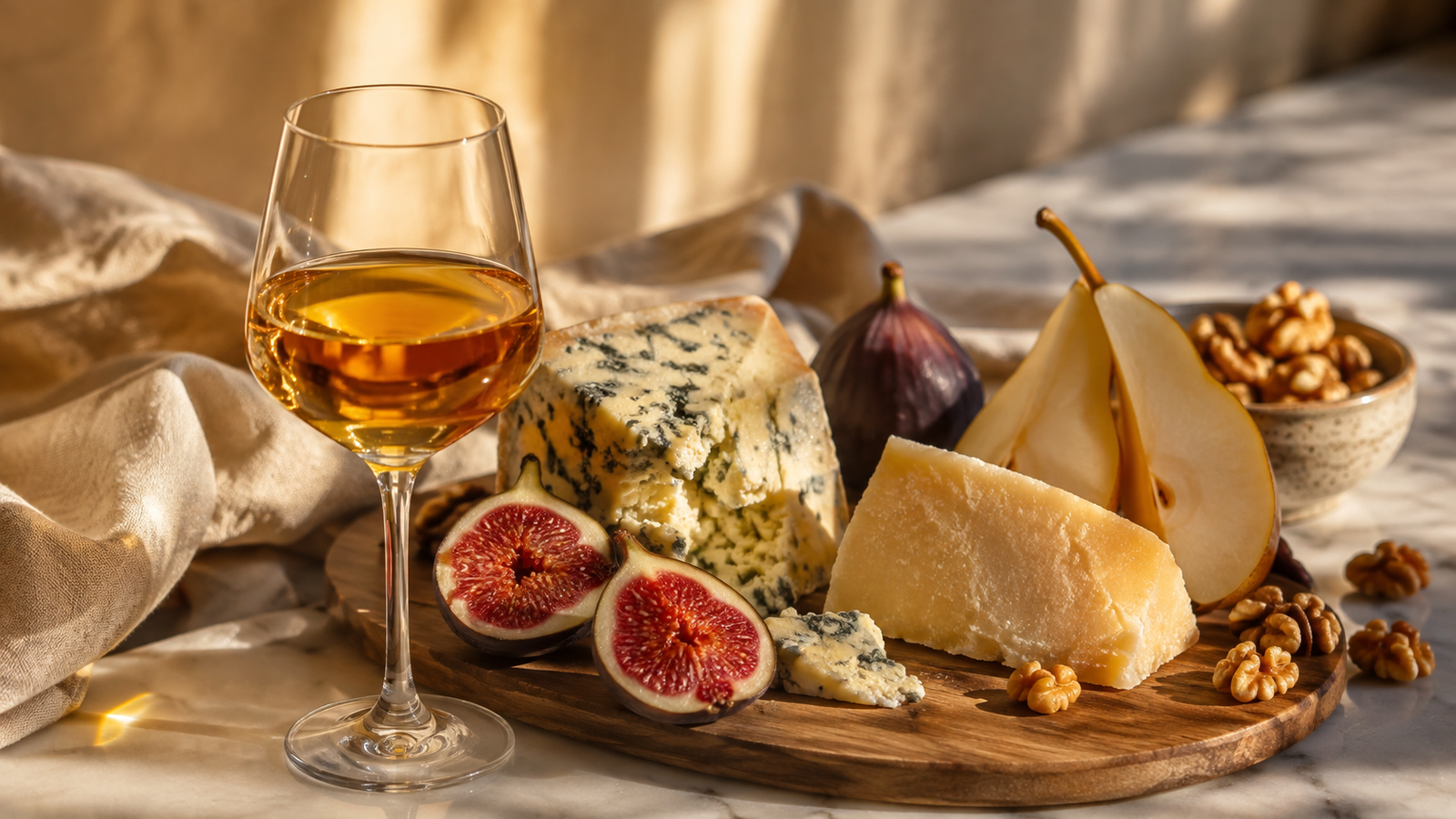 Golden dessert wine served with blue cheese, aged cheese, figs, pear and walnuts