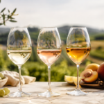 Three wine glasses with white, rosé, and amber wine sit on a stone table next to green grapes, yellow grapes, and peaches, with a blurred vineyard landscape in the background.