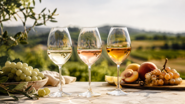 Three wine glasses with white, rosé, and amber wine sit on a stone table next to green grapes, yellow grapes, and peaches, with a blurred vineyard landscape in the background.