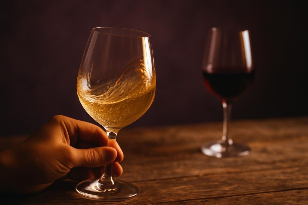 Close up of a glass of white wine being swirled in the bowl