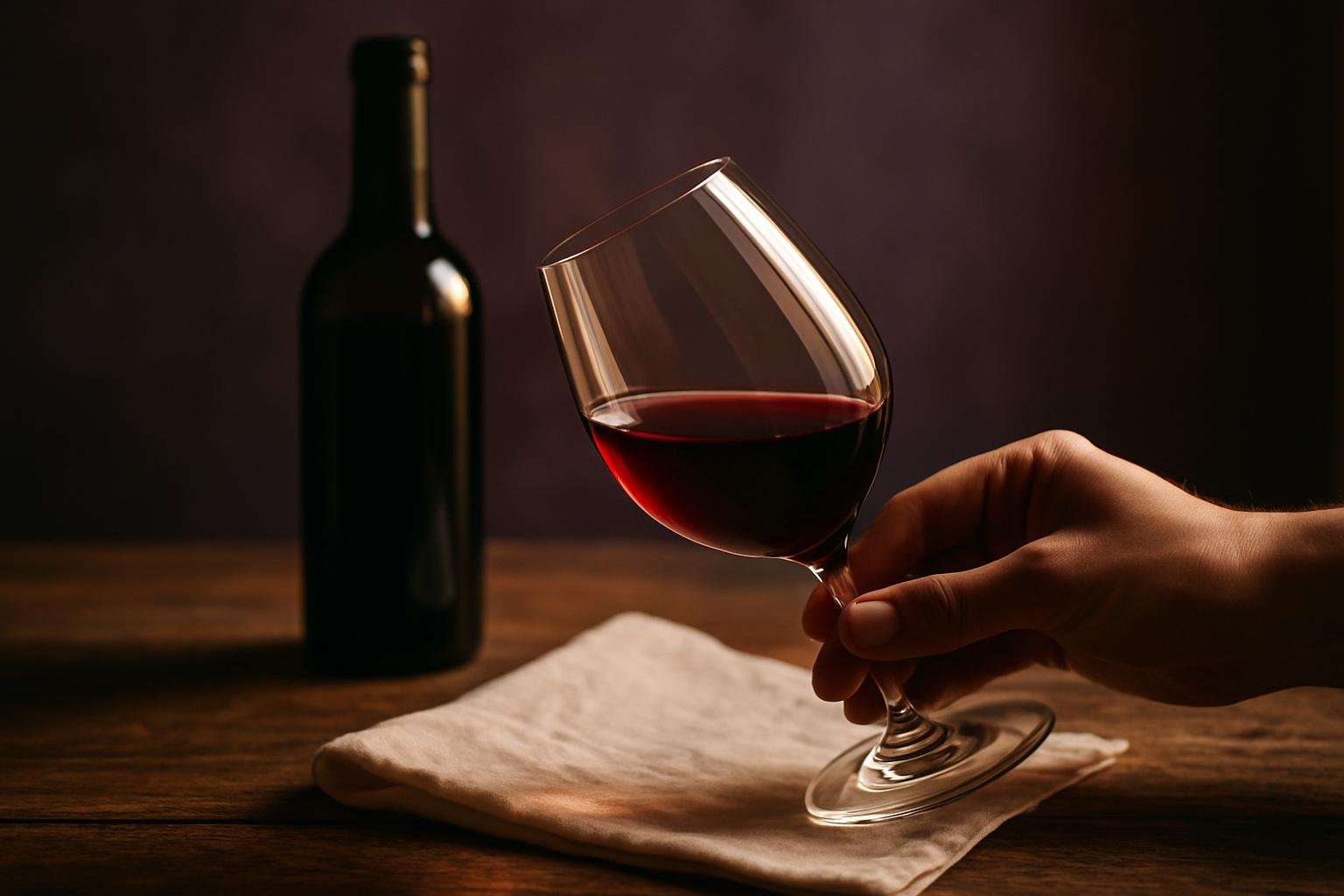 Hand tilting a glass of red wine over a white napkin to check its colour