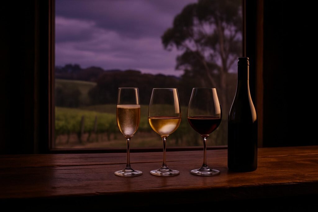 Three glasses of Adelaide Hills wine on a timber cellar door bar with vineyards through the window behind