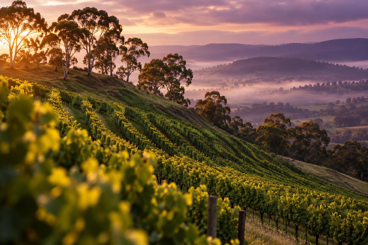 Vineyard rows on a green hillside in the Adelaide Hills