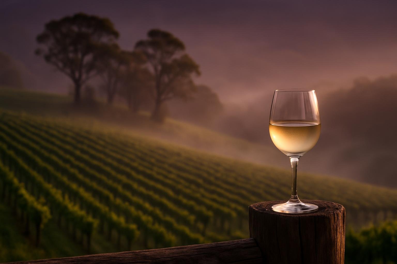 Vineyard rows on a misty Adelaide Hills hillside at golden hour with a glass of white wine in the foreground