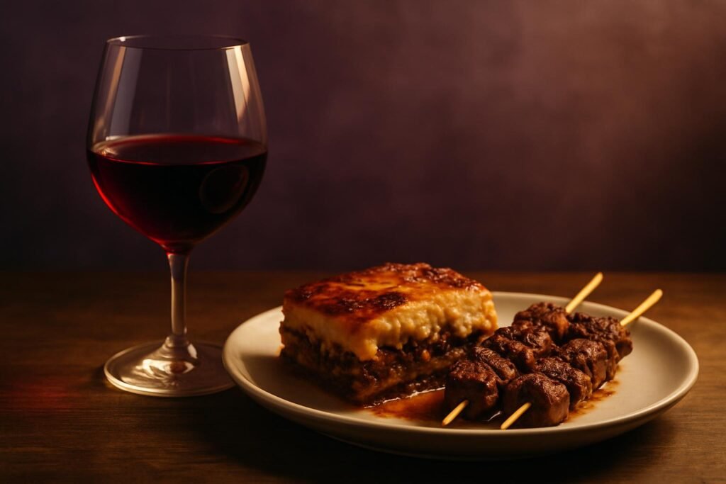 Agiorgitiko Wine Guide: The Noble Red of Nemea 2 Glass of Agiorgitiko beside moussaka and lamb souvlaki