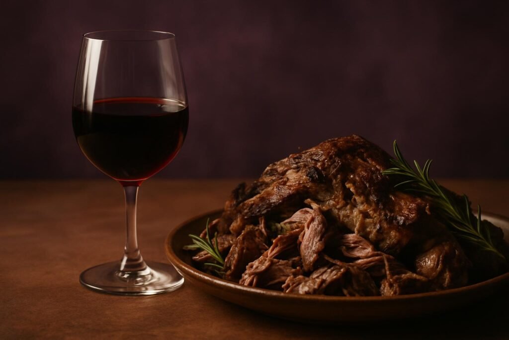 Glass of Aglianico beside slow-roasted lamb with rosemary